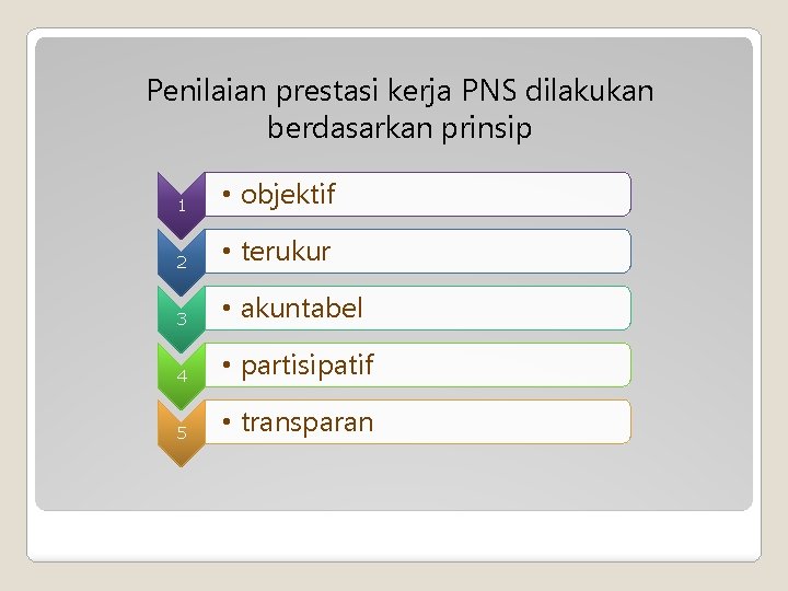 Penilaian prestasi kerja PNS dilakukan berdasarkan prinsip 1 • objektif 2 • terukur 3