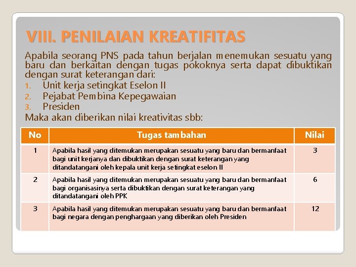 VIII. PENILAIAN KREATIFITAS Apabila seorang PNS pada tahun berjalan menemukan sesuatu yang baru dan