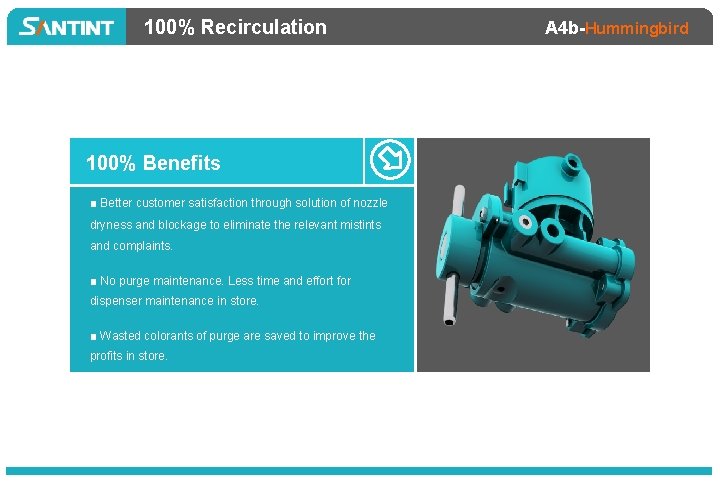 100% Recirculation 100% Benefits ■ Better customer satisfaction through solution of nozzle dryness and