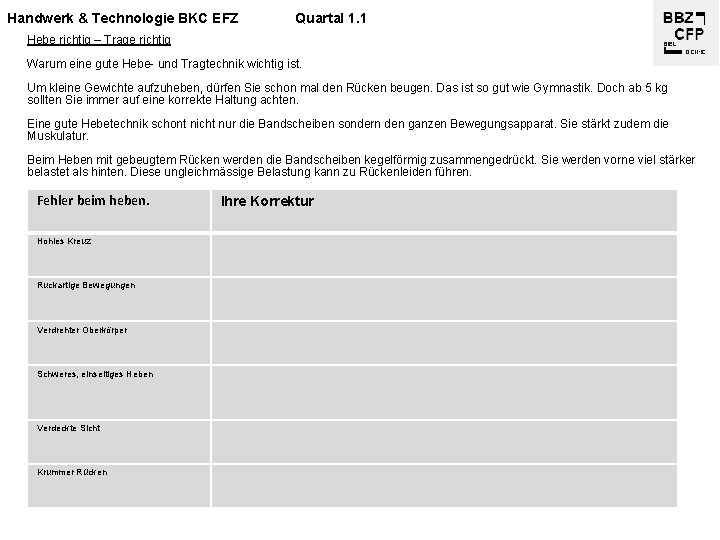 Handwerk & Technologie BKC EFZ Quartal 1. 1 Hebe richtig – Trage richtig Warum