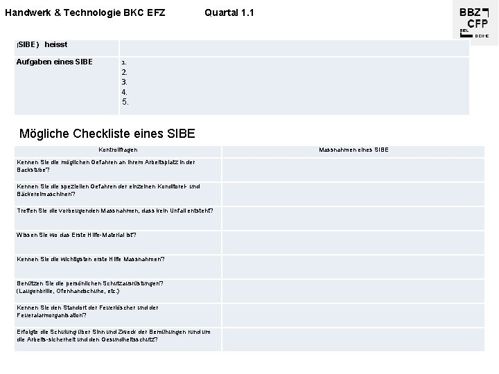 Handwerk & Technologie BKC EFZ (SIBE) Quartal 1. 1 heisst Aufgaben eines SIBE 1.