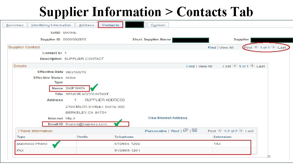 Supplier Information > Contacts Tab 26 