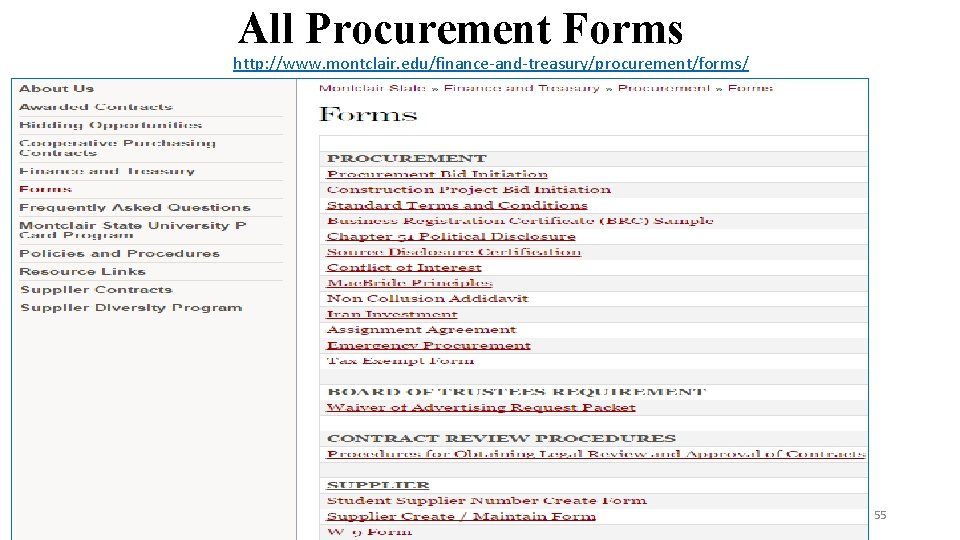 All Procurement Forms http: //www. montclair. edu/finance-and-treasury/procurement/forms/ 55 