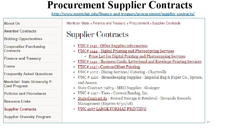 Procurement Supplier Contracts http: //www. montclair. edu/finance-and-treasury/procurement/supplier-contracts/ 57 