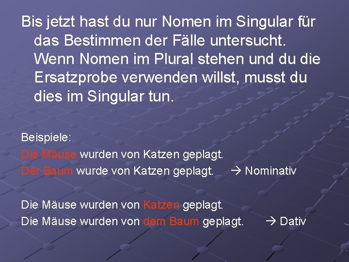 Bis jetzt hast du nur Nomen im Singular für das Bestimmen der Fälle untersucht.