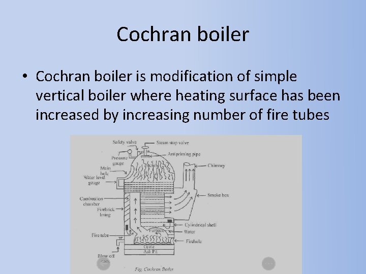 Cochran boiler • Cochran boiler is modification of simple vertical boiler where heating surface