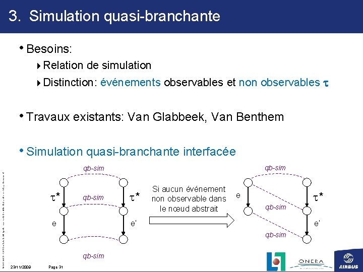 3. Simulation quasi-branchante • Besoins: 4 Relation de simulation 4 Distinction: événements observables et