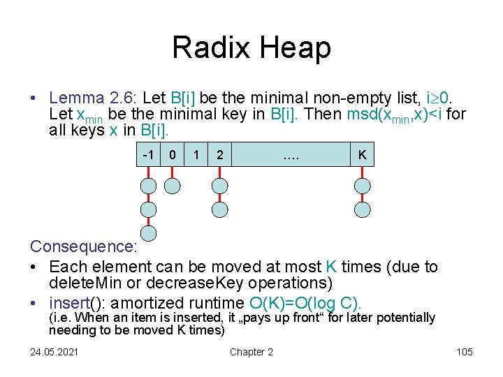Radix Heap • Lemma 2. 6: Let B[i] be the minimal non-empty list, i