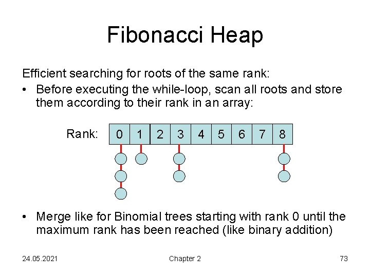 Fibonacci Heap Efficient searching for roots of the same rank: • Before executing the