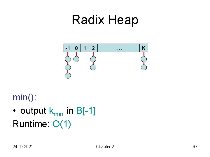 Radix Heap -1 0 1 2 …. K min(): • output kmin in B[-1]