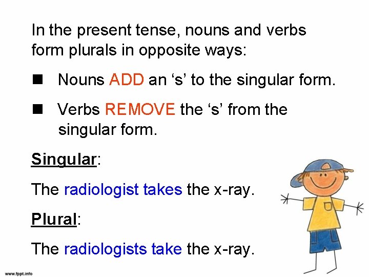 In the present tense, nouns and verbs form plurals in opposite ways: Nouns ADD