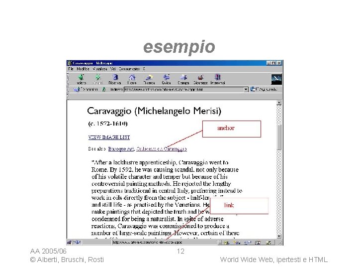 esempio AA 2005/06 © Alberti, Bruschi, Rosti 12 World Wide Web, ipertesti e HTML