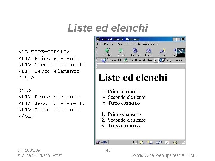 Liste ed elenchi <UL TYPE=CIRCLE> <LI> Primo elemento <LI> Secondo elemento <LI> Terzo elemento