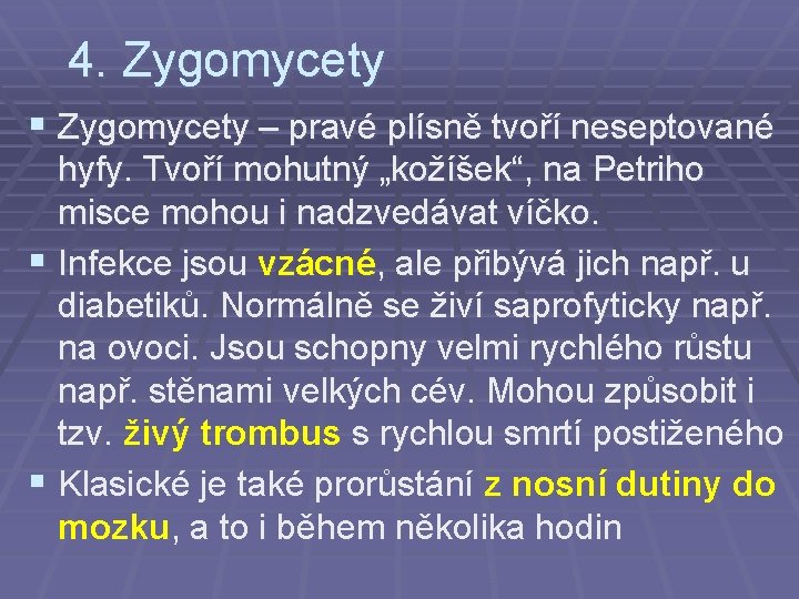 4. Zygomycety § Zygomycety – pravé plísně tvoří neseptované hyfy. Tvoří mohutný „kožíšek“, na