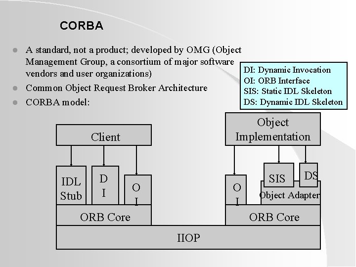 CORBA l l l A standard, not a product; developed by OMG (Object Management CORBA l l l A standard, not a product; developed by OMG (Object Management