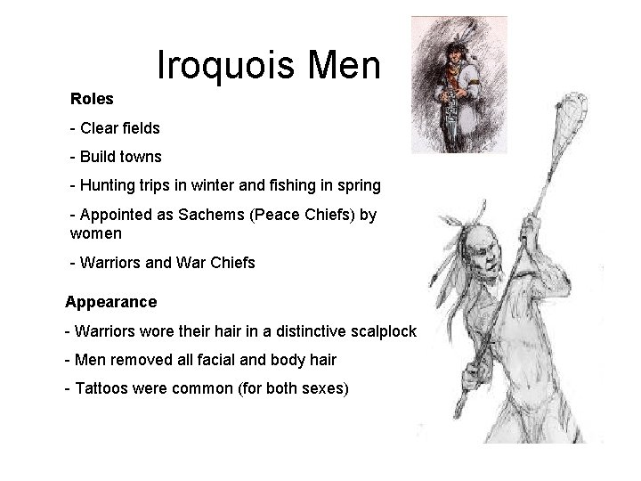 Iroquois Men Roles - Clear fields - Build towns - Hunting trips in winter