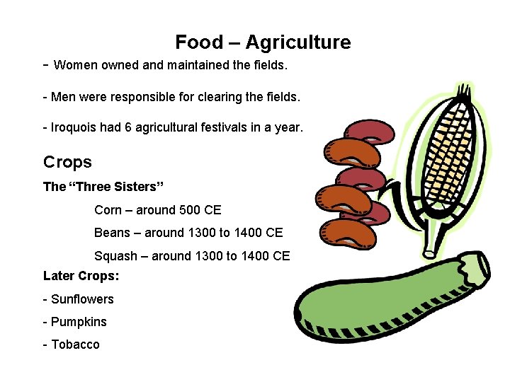 Food – Agriculture - Women owned and maintained the fields. - Men were responsible