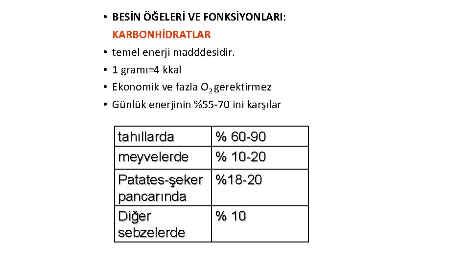  • BESİN ÖĞELERİ VE FONKSİYONLARI: KARBONHİDRATLAR • temel enerji madddesidir. • 1 gramı=4