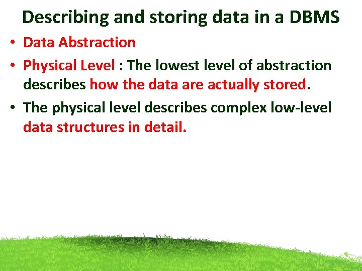 Describing and storing data in a DBMS • Data Abstraction • Physical Level :