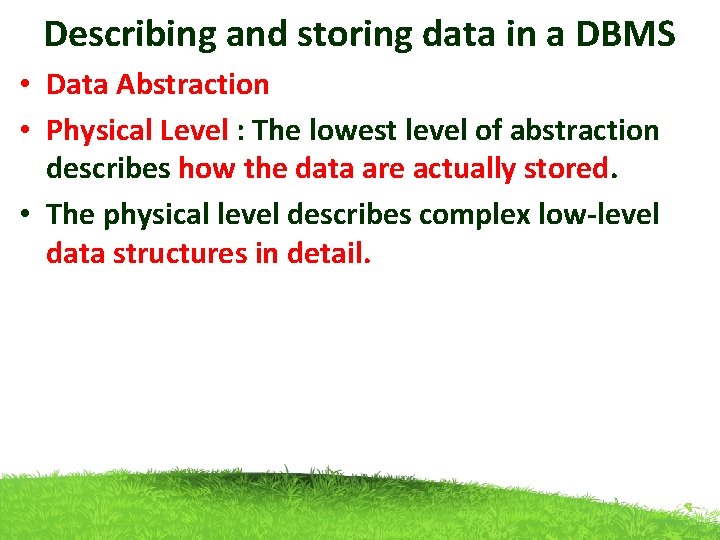 Describing and storing data in a DBMS • Data Abstraction • Physical Level : Describing and storing data in a DBMS • Data Abstraction • Physical Level :