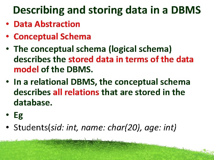 Describing and storing data in a DBMS • Data Abstraction • Conceptual Schema •