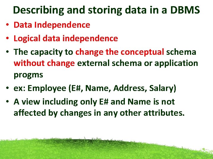 Describing and storing data in a DBMS • Data Independence • Logical data independence Describing and storing data in a DBMS • Data Independence • Logical data independence