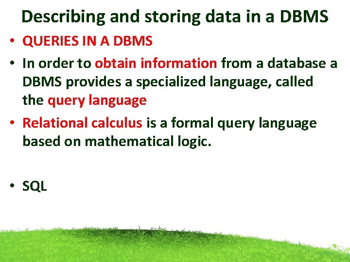Describing and storing data in a DBMS • QUERIES IN A DBMS • In
