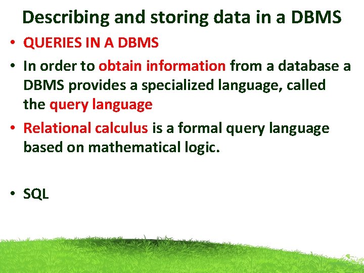 Describing and storing data in a DBMS • QUERIES IN A DBMS • In Describing and storing data in a DBMS • QUERIES IN A DBMS • In
