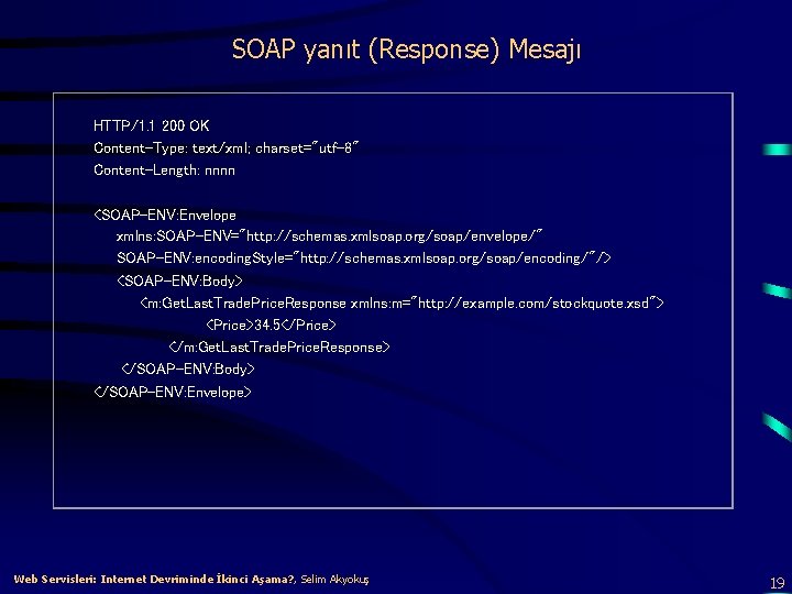 SOAP yanıt (Response) Mesajı HTTP/1. 1 200 OK Content-Type: text/xml; charset="utf-8" Content-Length: nnnn <SOAP-ENV: