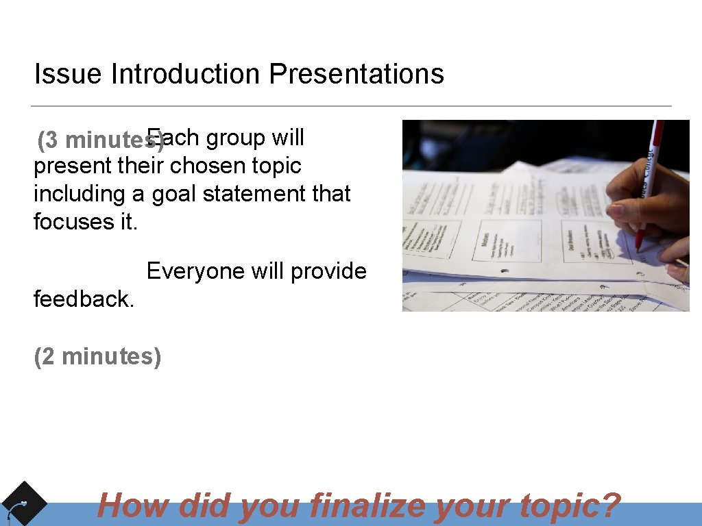 Issue Introduction Presentations Each group will (3 minutes) present their chosen topic including a