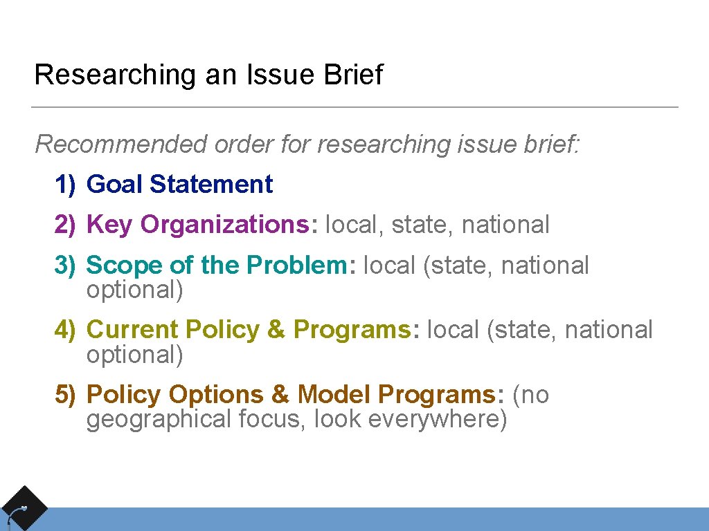 Researching an Issue Brief Recommended order for researching issue brief: 1) Goal Statement 2)