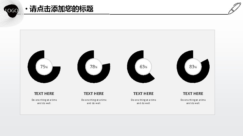 LOGO • 请点击添加您的标题 75% 78% 63% 83% TEXT HERE Do one thing at a