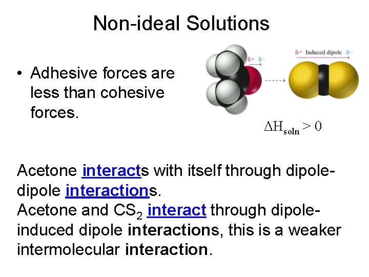 Non-ideal Solutions • Adhesive forces are less than cohesive forces. ΔHsoln > 0 Acetone