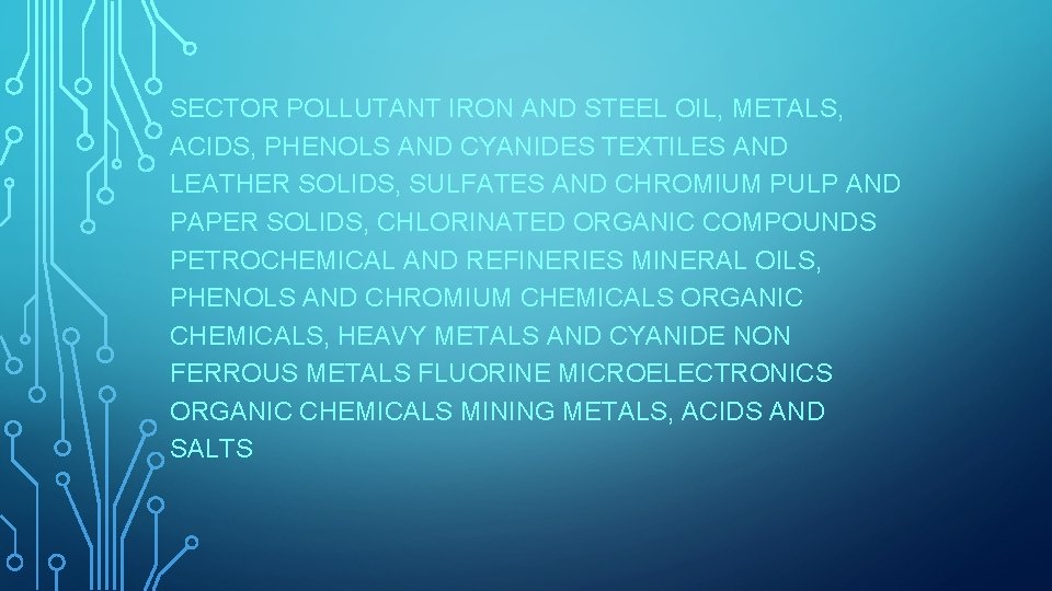 SECTOR POLLUTANT IRON AND STEEL OIL, METALS, ACIDS, PHENOLS AND CYANIDES TEXTILES AND LEATHER