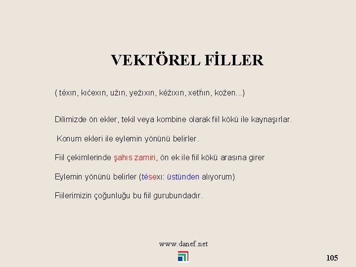 VEKTÖREL FİLLER ( téxın, kıćexın, uźın, yeźıxın, kéźıxın, xetḣın, koźen. . . ) Dilimizde