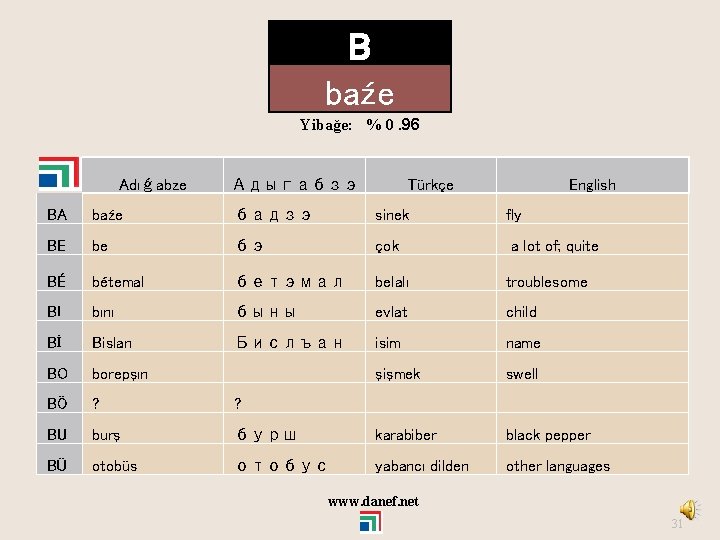 B baźe Yibağe: % 0. 96 Adıǵabze Адыгабзэ Türkçe English BA baźe бадзэ sinek