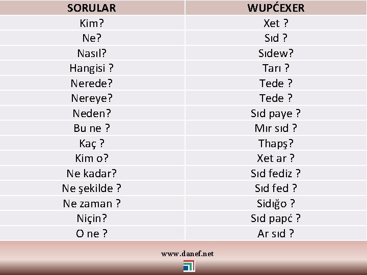 SORULAR Kim? Ne? Nasıl? Hangisi ? Nerede? Nereye? Neden? Bu ne ? Kaç ?