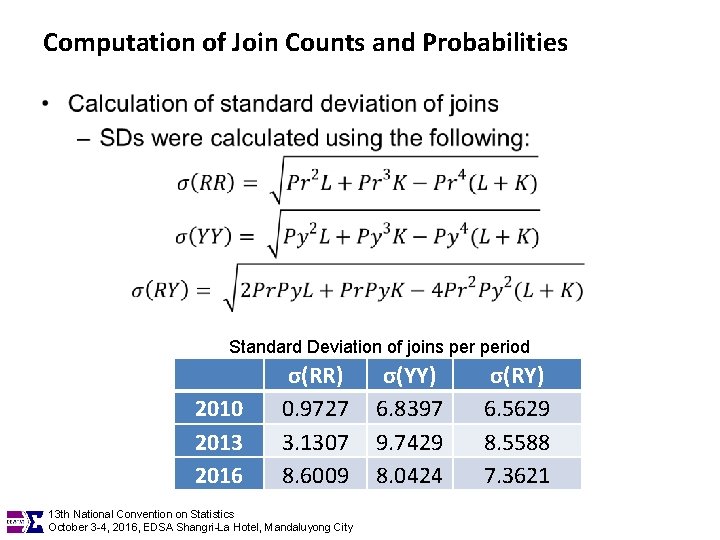 Computation of Join Counts and Probabilities • Standard Deviation of joins period 2010 2013