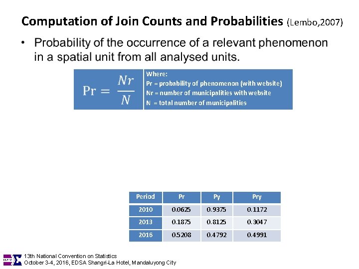 Computation of Join Counts and Probabilities (Lembo, 2007) • Where: Pr = probability of