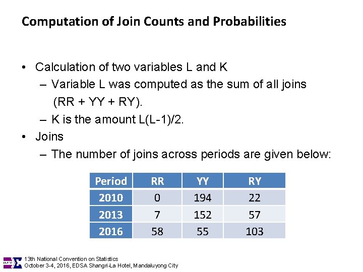 Computation of Join Counts and Probabilities • Calculation of two variables L and K