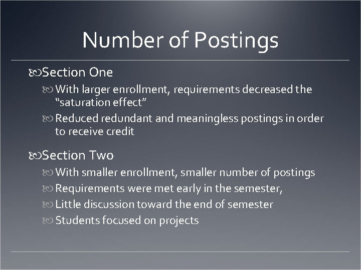 Number of Postings Section One With larger enrollment, requirements decreased the “saturation effect” Reduced