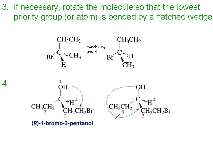 3. If necessary, rotate the molecule so that the lowest priority group (or atom)