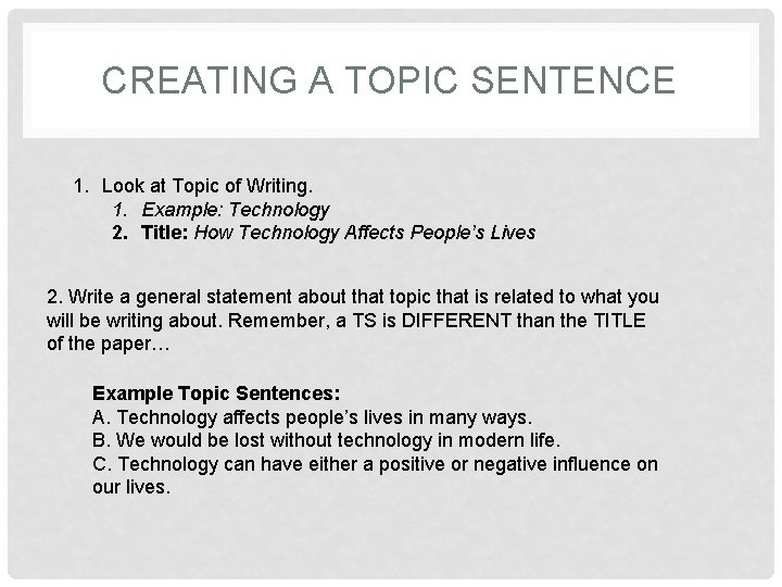 CREATING A TOPIC SENTENCE 1. Look at Topic of Writing. 1. Example: Technology 2.