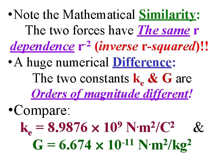  • Note the Mathematical Similarity: The two forces have The same r dependence