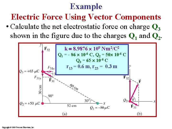 Example Electric Force Using Vector Components • Calculate the net electrostatic force on charge