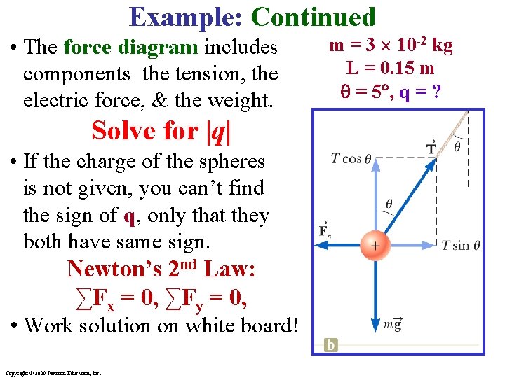 Example: Continued • The force diagram includes components the tension, the electric force, &