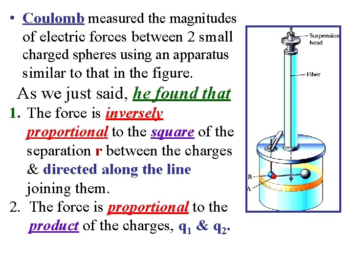  • Coulomb measured the magnitudes of electric forces between 2 small charged spheres