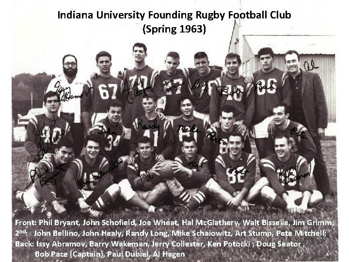 Indiana University Founding Rugby Football Club (Spring 1963) Front: Phil Bryant, John Schofield, Joe