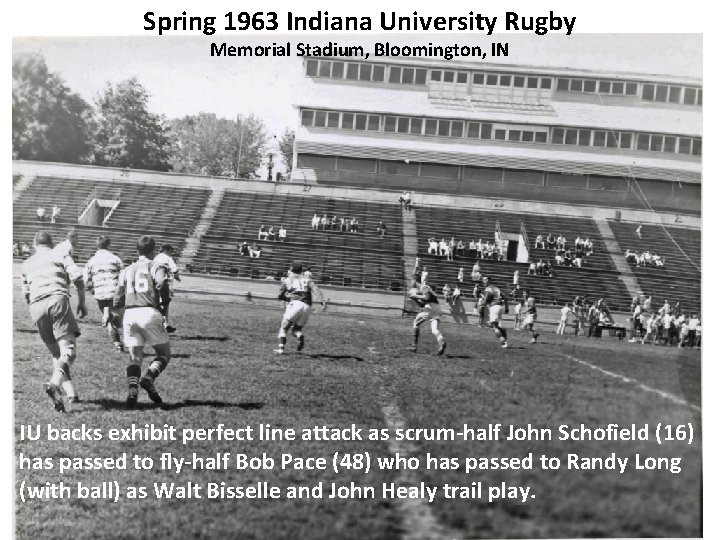 Spring 1963 Indiana University Rugby Memorial Stadium, Bloomington, IN IU backs exhibit perfect line