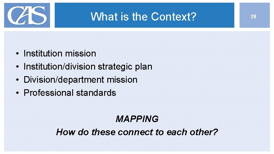 What is the Context? • • Institution mission Institution/division strategic plan Division/department mission Professional